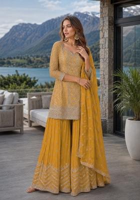 Yellow Embroidered Silk Kurta Set