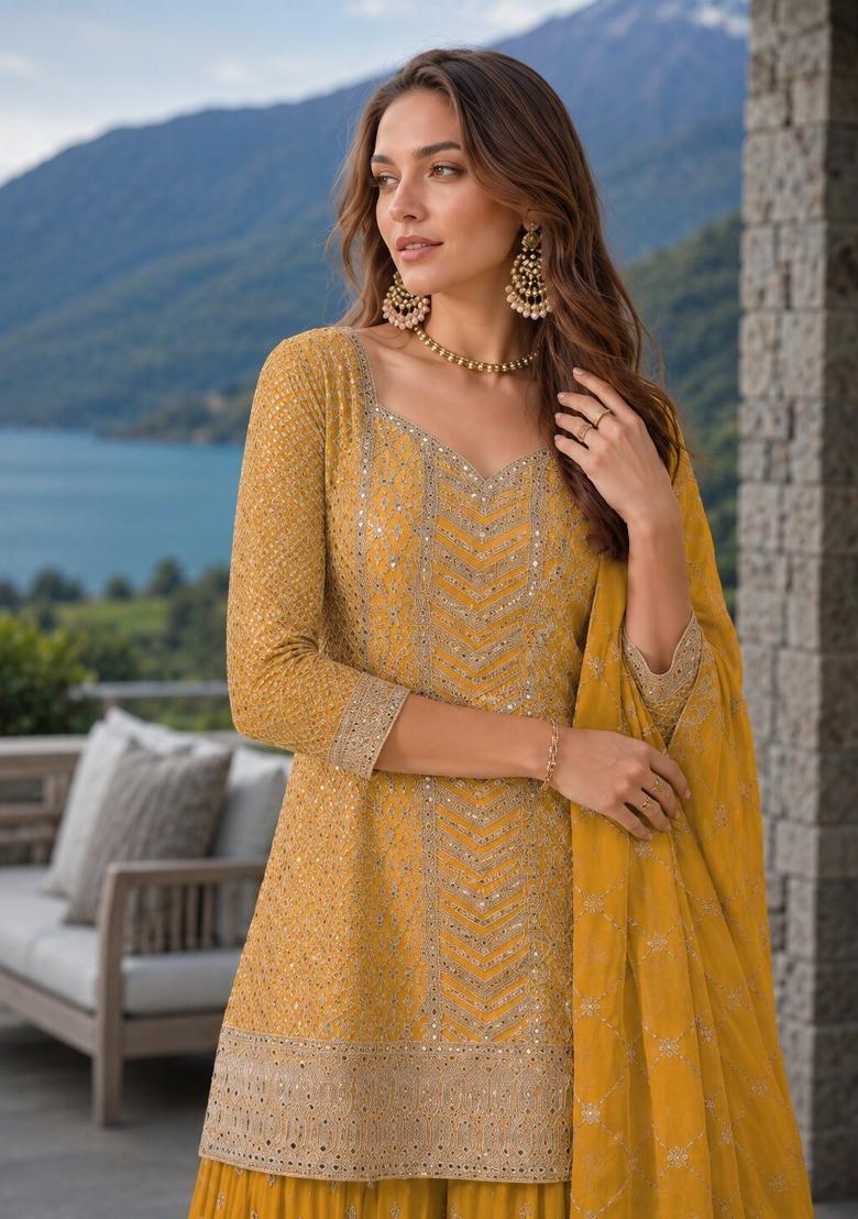 Yellow Embroidered Silk Kurta Set - Indya