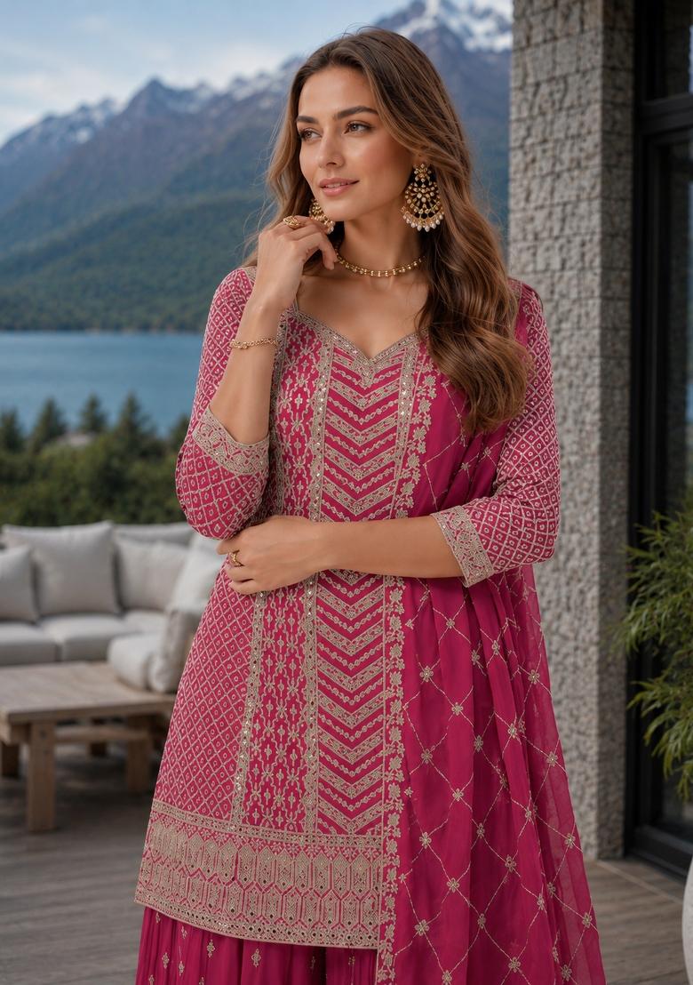 Pink Embroidered Silk Kurta Set - Indya