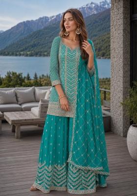 Sky Blue Embroidered Silk Kurta Set