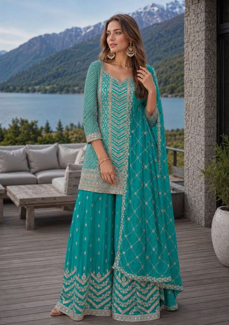 Sky Blue Embroidered Silk Kurta Set - Indya