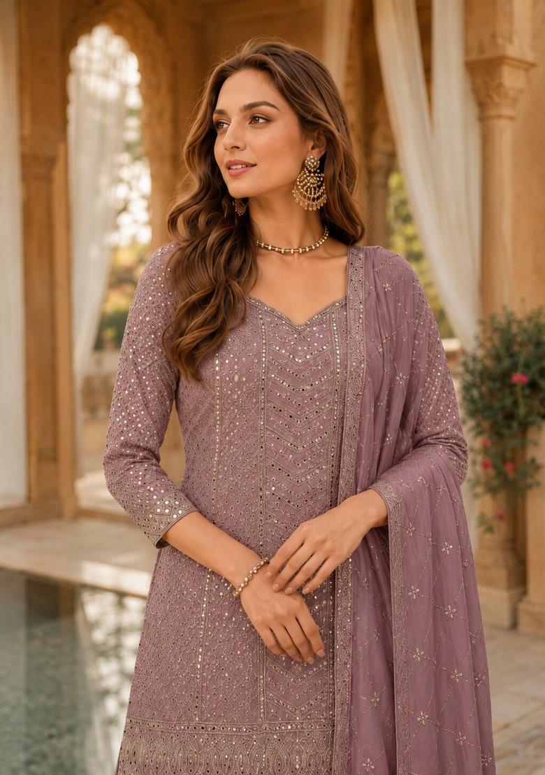 Light Pink Embroidered Silk Kurta Set - Indya