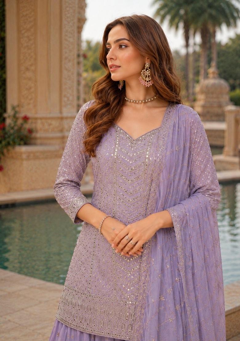 Light Lavender Embroidered Silk Kurta Set - Indya