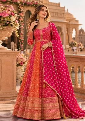 Pink Embroidered Georgette Anarkali With Dupatta
