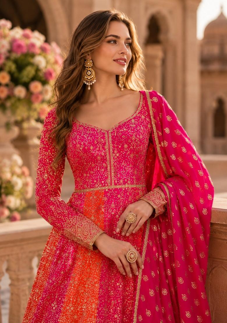 Pink Embroidered Georgette Anarkali With Dupatta - Indya
