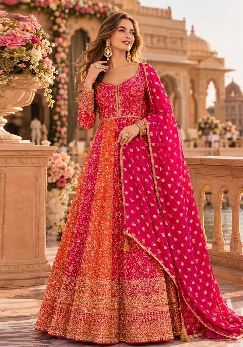 Pink Embroidered Georgette Anarkali With Dupatta