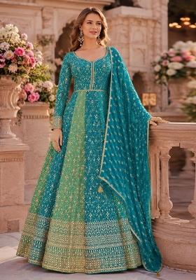 Sky Blue Embroidered Georgette Anarkali With Dupatta