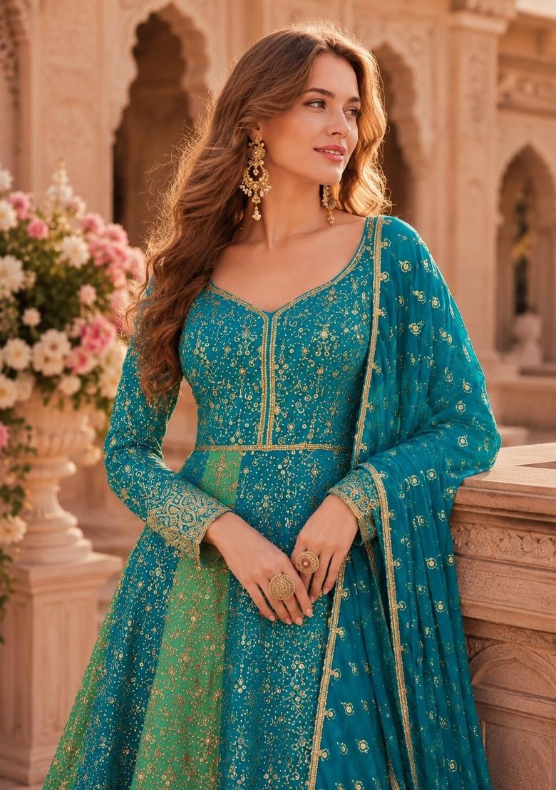 Sky Blue Embroidered Georgette Anarkali With Dupatta - Indya