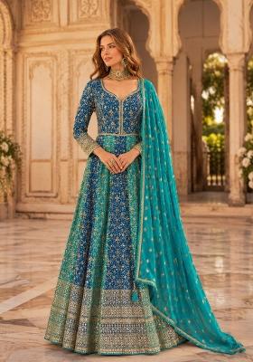 Blue Embroidered Georgette Anarkali With Dupatta