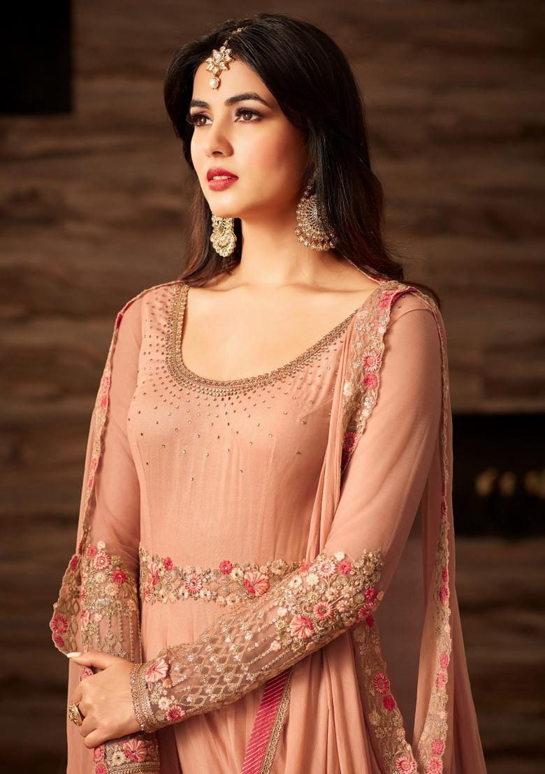 Light Orange Embroidered Net Kurta Set - Indya