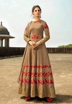 Beige Embroidered Silk Kurta Set