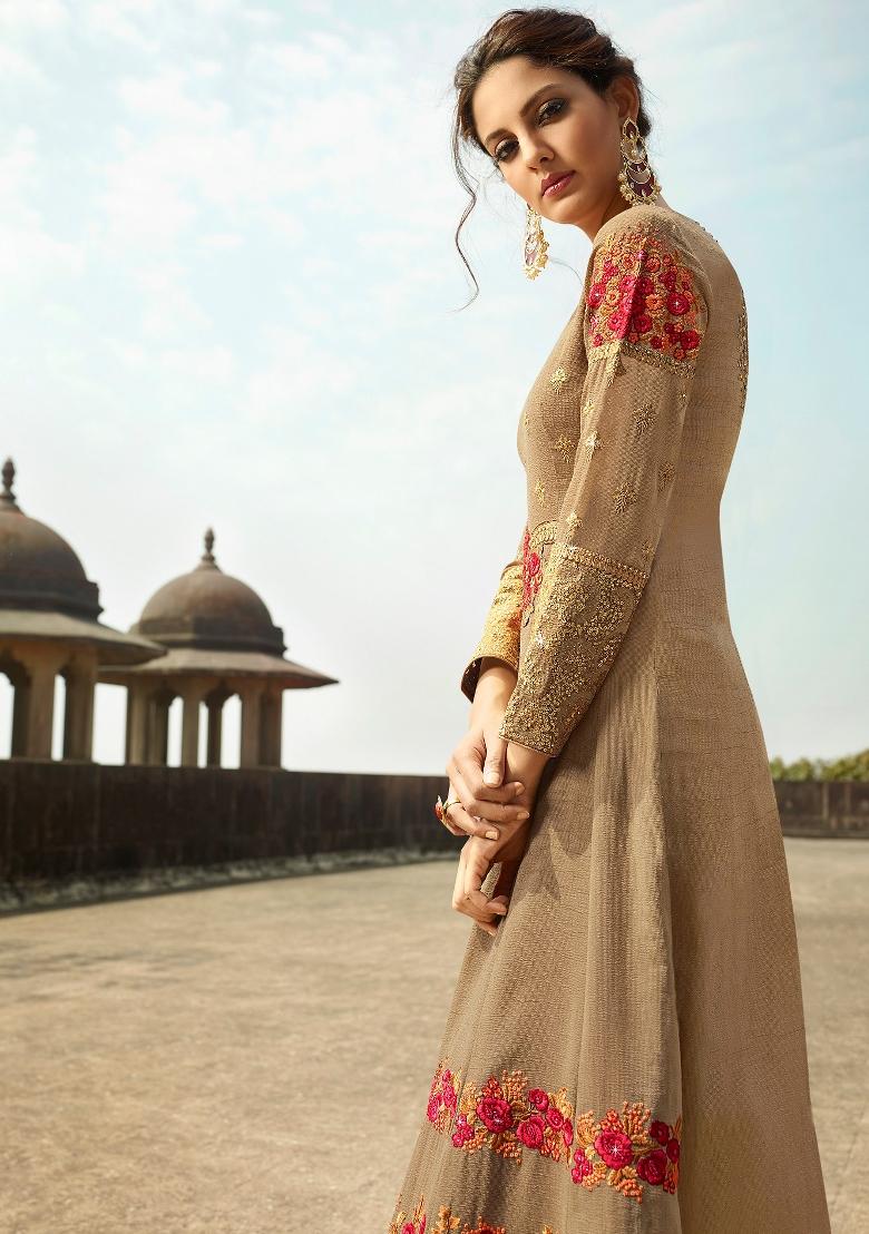 Beige Embroidered Silk Kurta Set - Indya