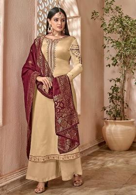 Beige Embroidered Satin Kurta Set