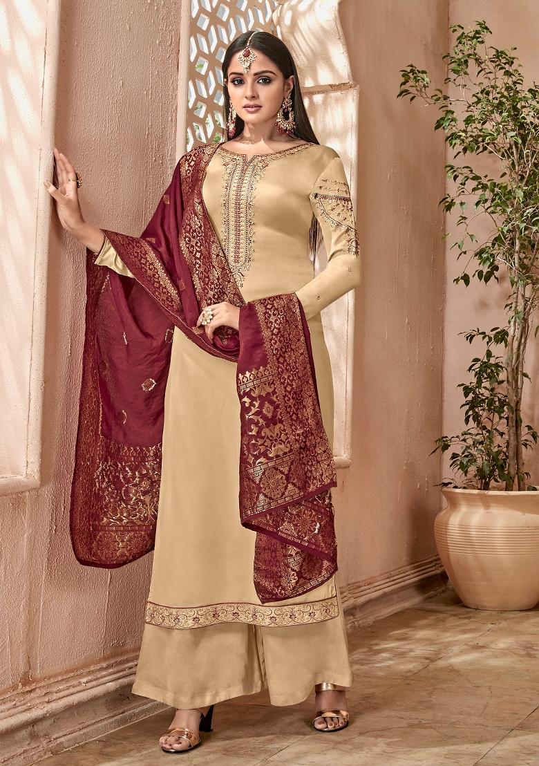 Beige Embroidered Satin Kurta Set - Indya