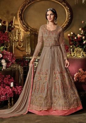Brown Embroidered Net Kurta Set