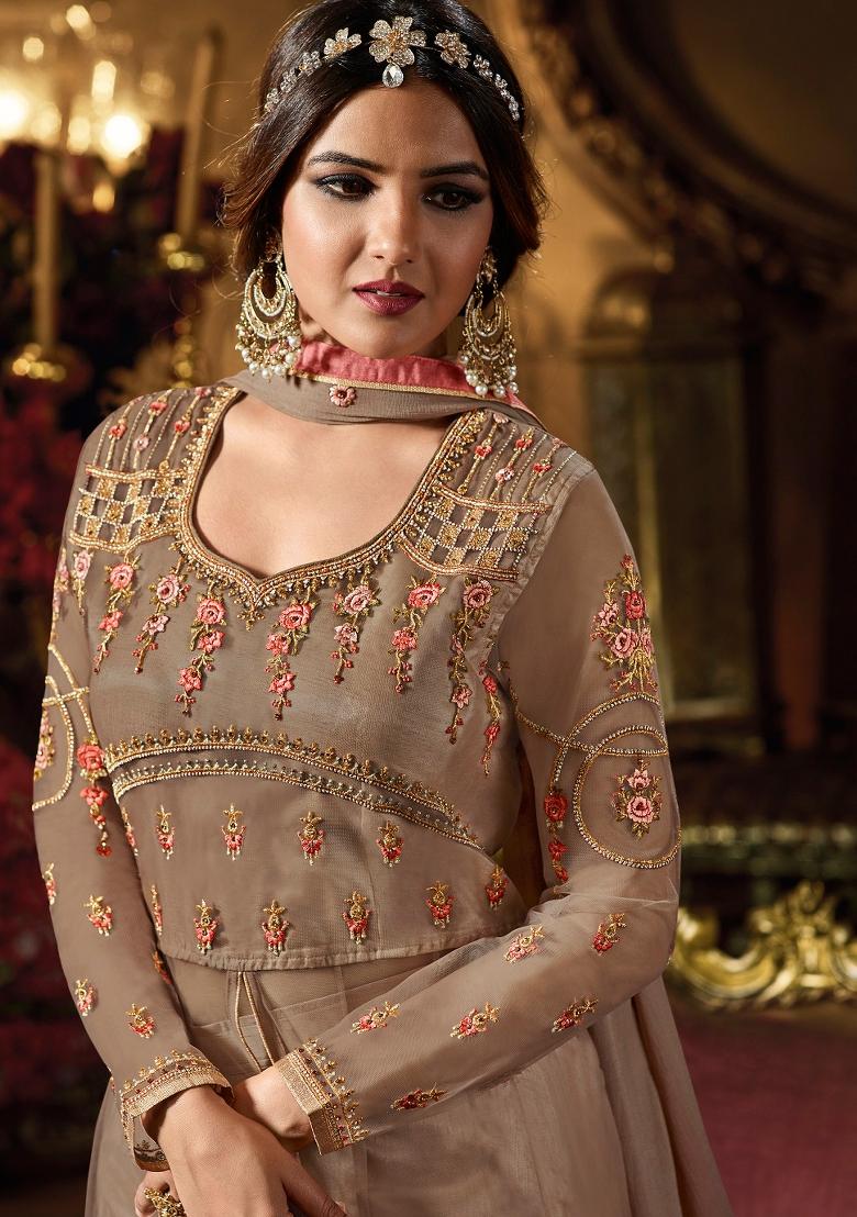 Brown Embroidered Net Kurta Set - Indya