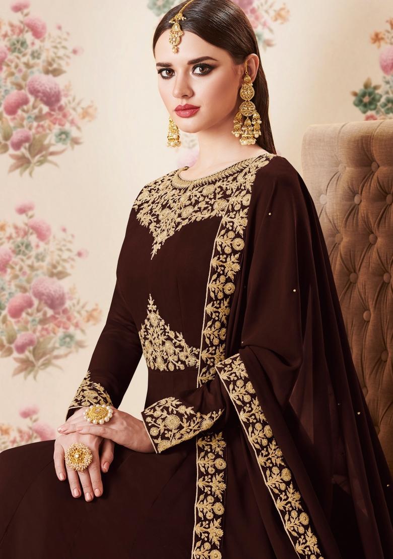 Brown Embroidered Georgette Kurta Set - Indya