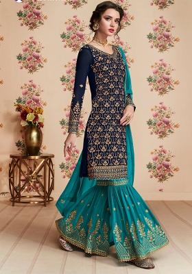 Blue Embroidered Georgette Kurta Set