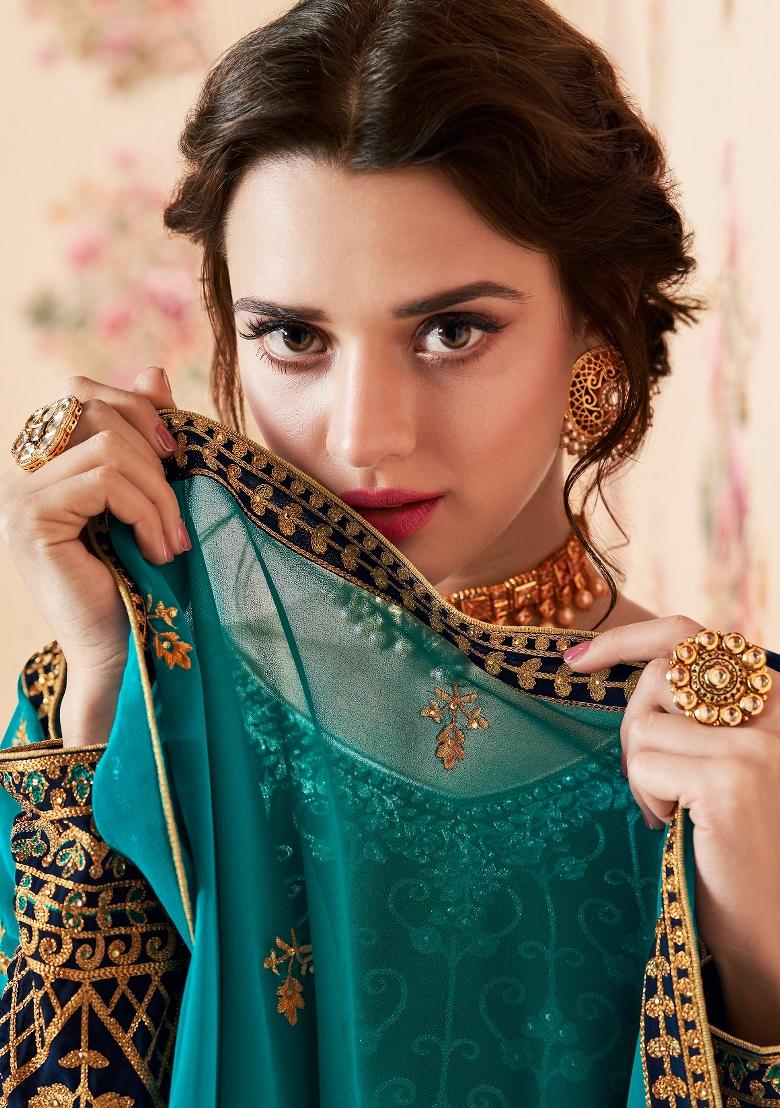 Blue Embroidered Georgette Kurta Set - Indya