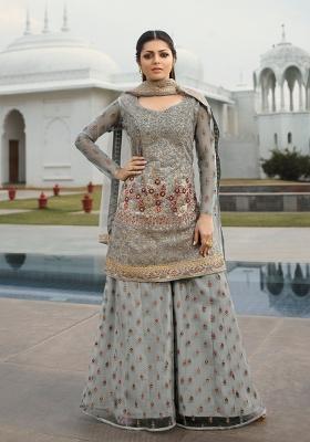 Grey Embroidered Net Kurta Set