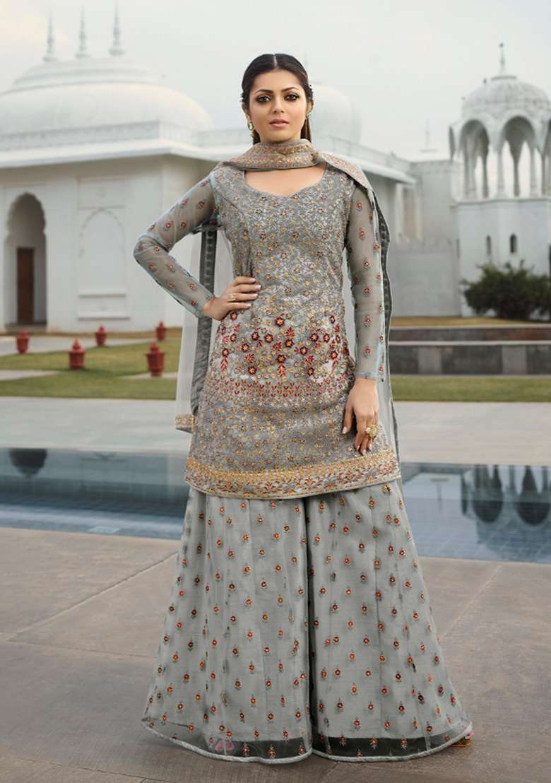 Grey Embroidered Net Kurta Set - Indya