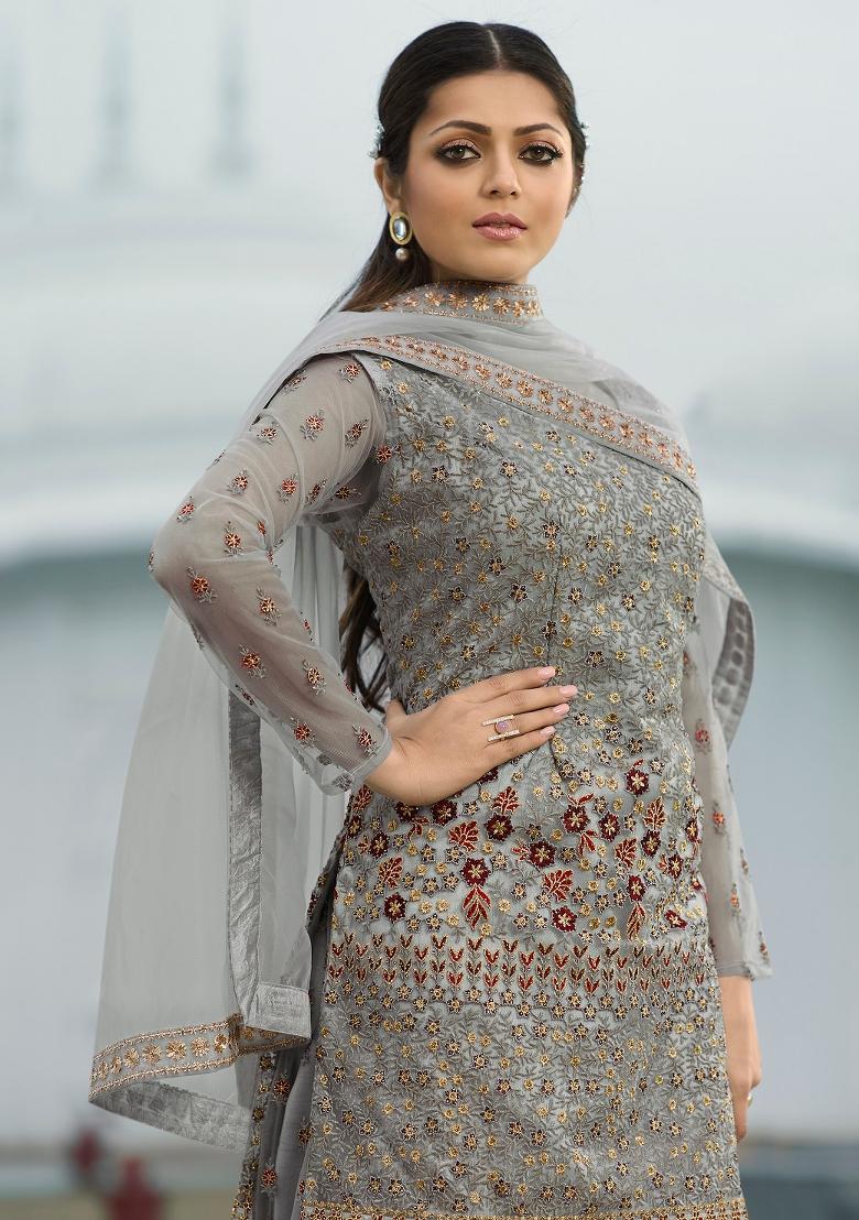 Grey Embroidered Net Kurta Set - Indya
