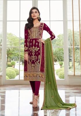 Wine Embroidered Georgette Kurta Set