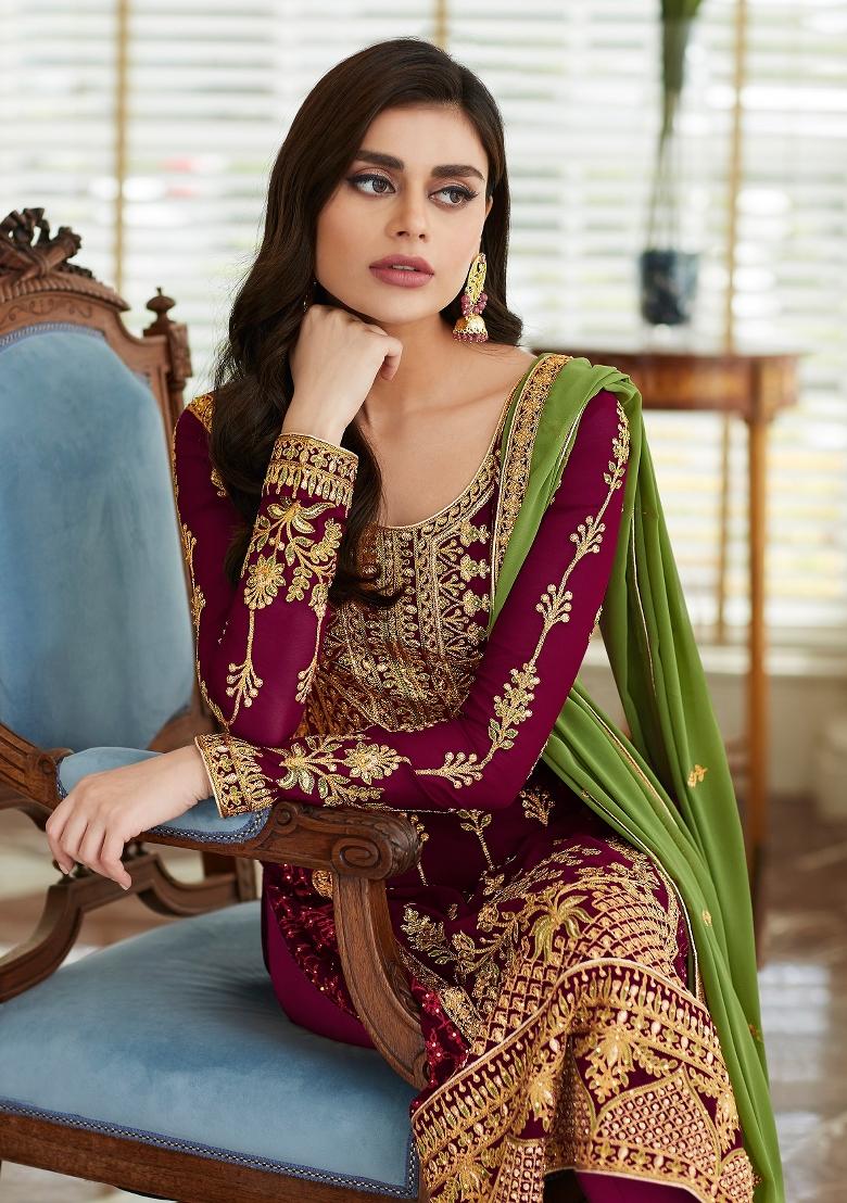 Wine Embroidered Georgette Kurta Set - Indya