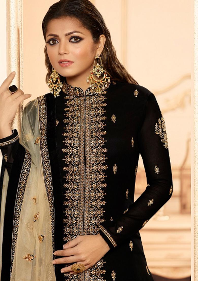 Black Embroidered Georgette Kurta Set - Indya