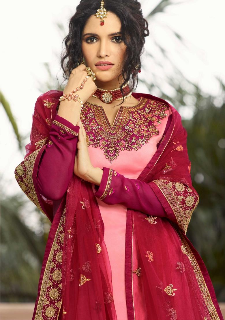 Pink Embroidered Georgette Kurta Set - Indya