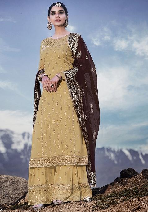 Olive Embroidered Georgette Kurta Set