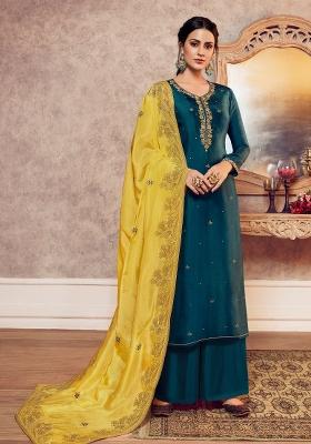 Teal Blue Embroidered Silk Kurta Set