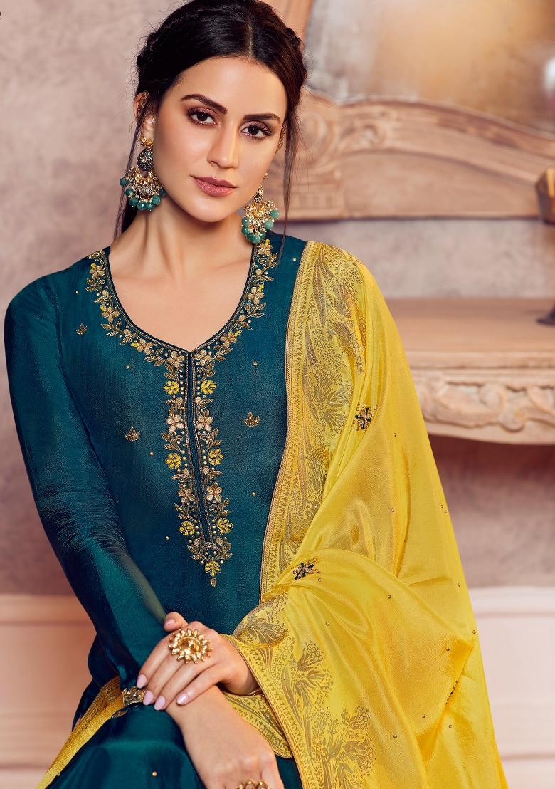 Teal Blue Embroidered Silk Kurta Set - Indya