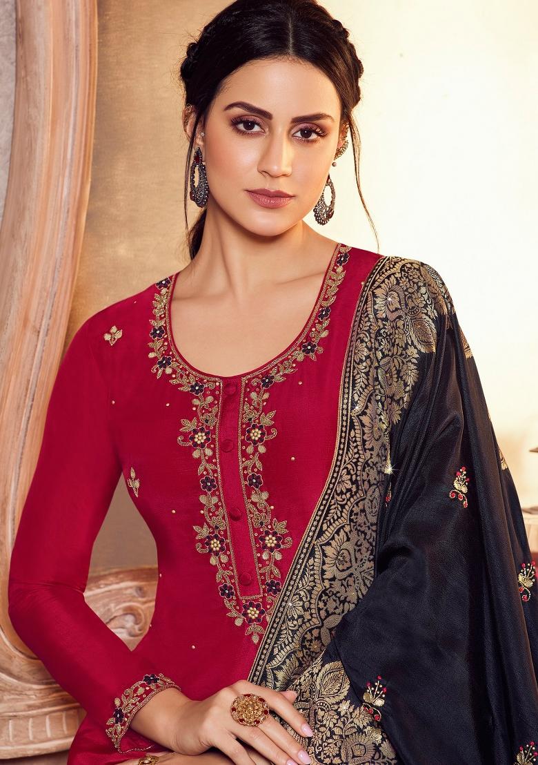 Pink Embroidered Silk Kurta Set - Indya