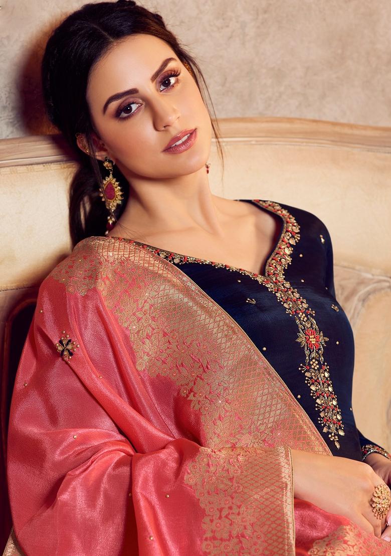 Blue Embroidered Silk Kurta Set - Indya