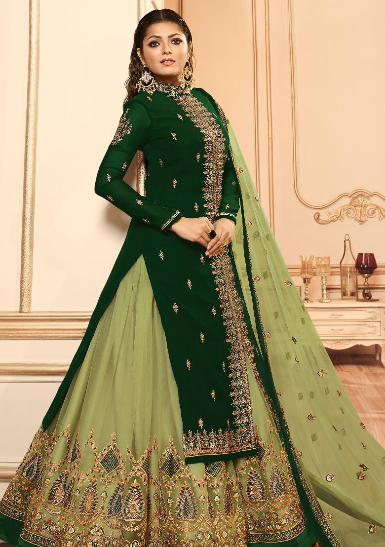 Green Embroidered Georgette Kurta Set - Indya