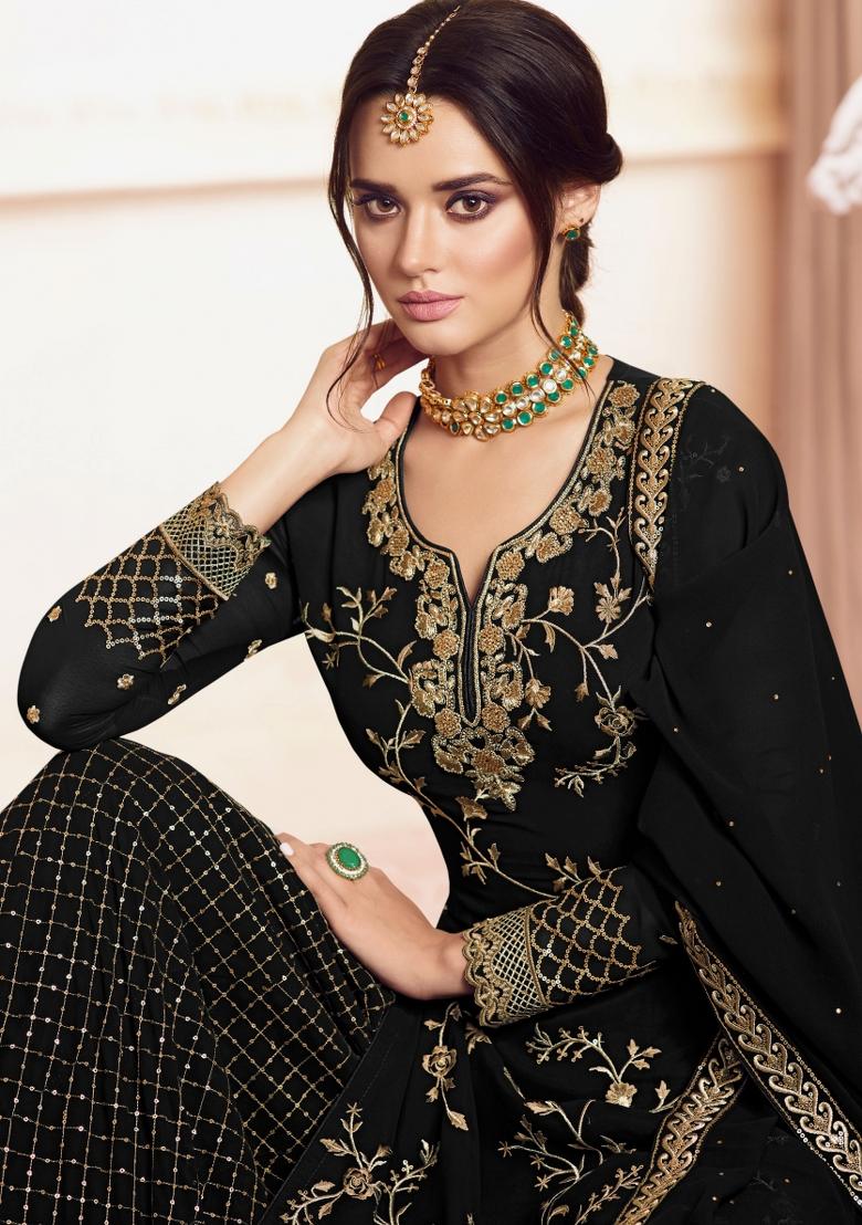 Black Embroidered Georgette Kurta Set - Indya