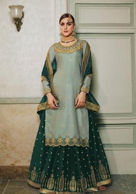 Greyish Green Embroidered Silk Kurta Set
