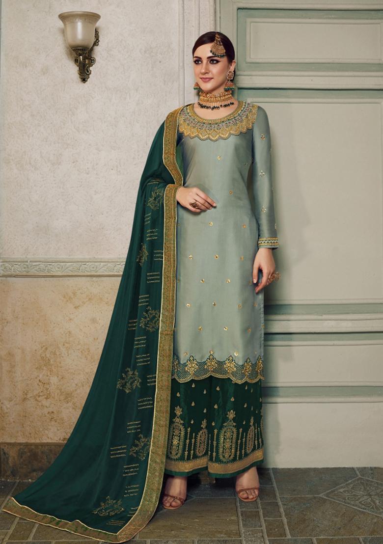 Greyish Green Embroidered Silk Kurta Set - Indya