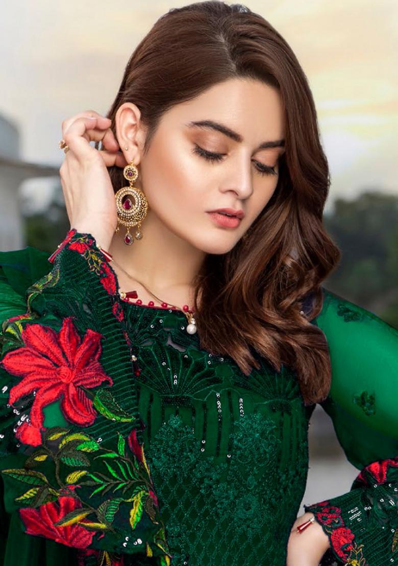 Green Embroidered Georgette Kurta Set - Indya