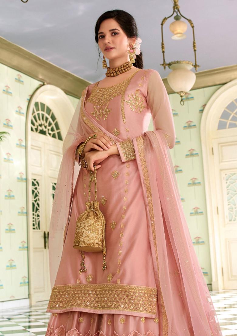 Pink Embroidered Georgette Kurta Set - Indya
