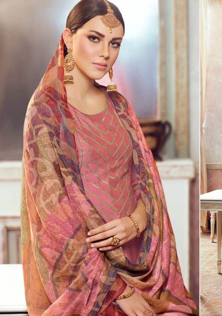 Rose Golden Embroidered Satin Kurta Set - Indya