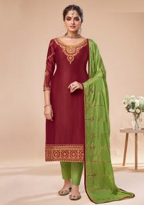 Maroon Embroidered Silk Kurta Set