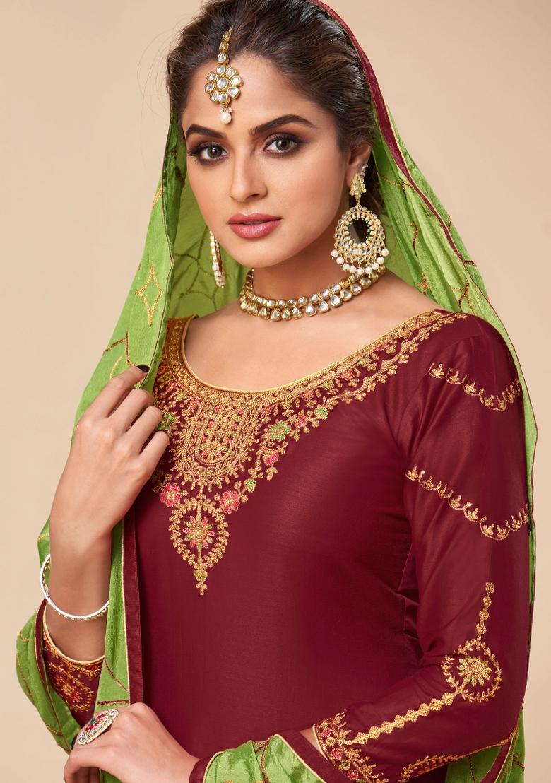 Maroon Embroidered Silk Kurta Set - Indya