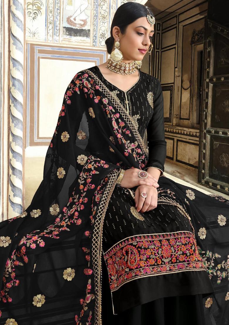 Black Embroidered Georgette Kurta Set - Indya