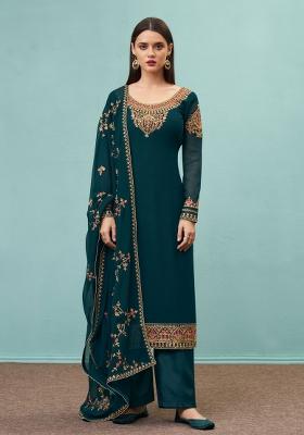 Teal Blue Embroidered Georgette Kurta Set
