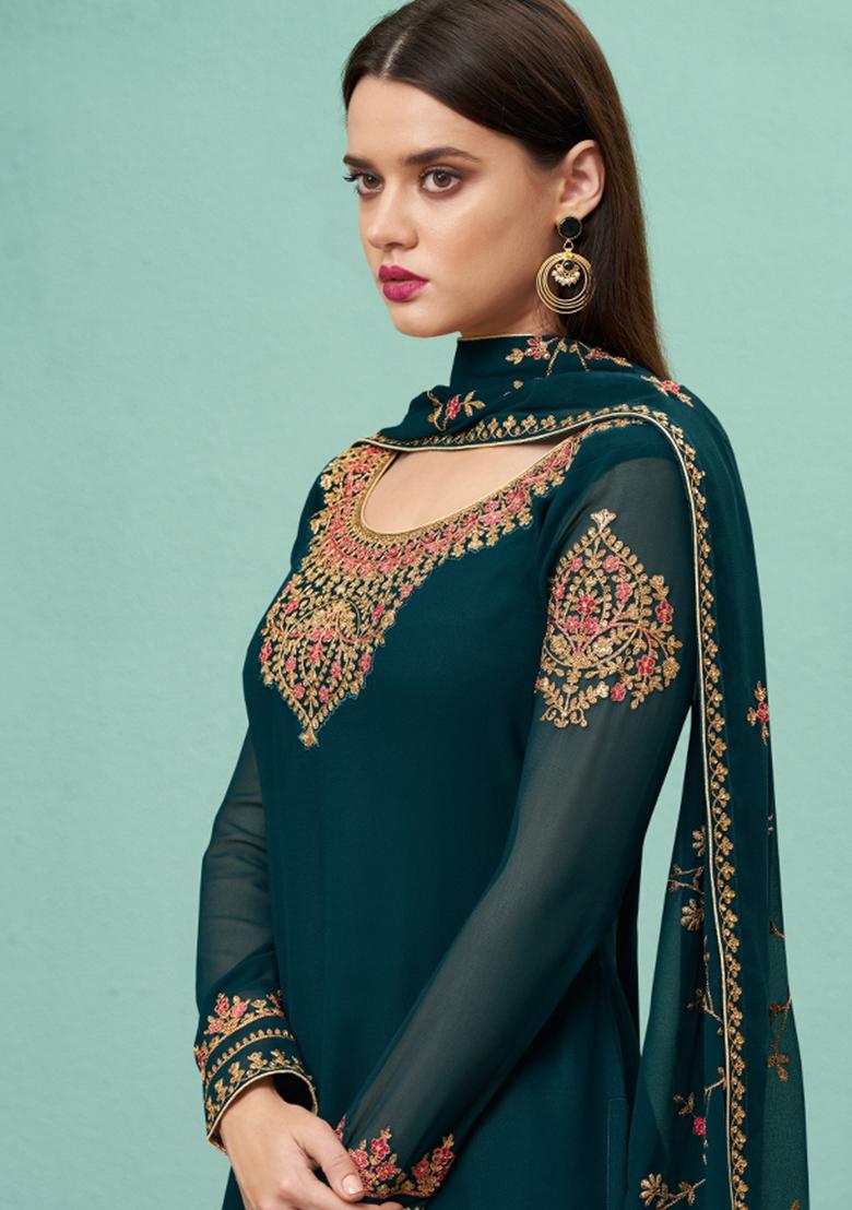 Teal Blue Embroidered Georgette Kurta Set - Indya