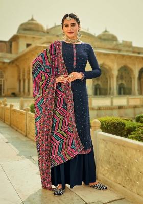 Blue Embroidered Chinon Kurta Set