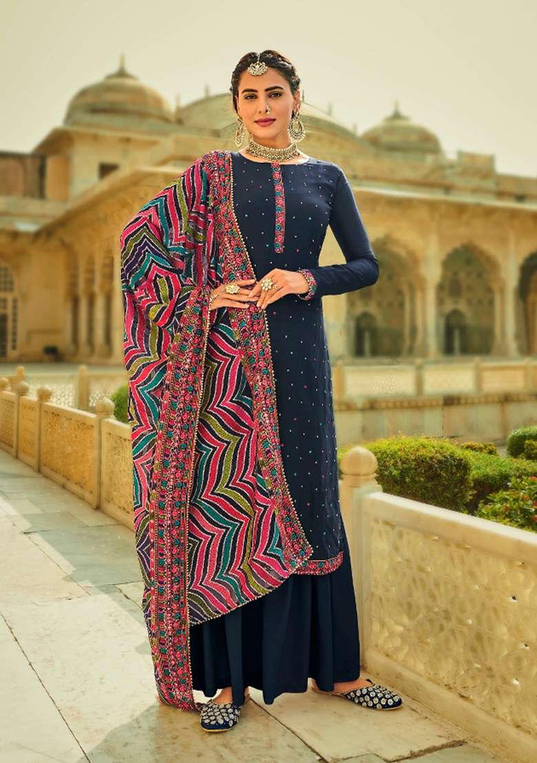 Blue Embroidered Chinon Kurta Set - Indya