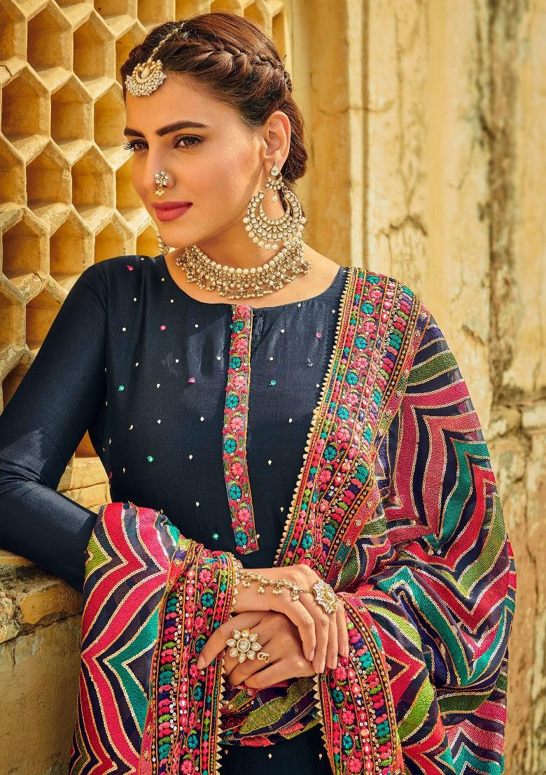 Blue Embroidered Chinon Kurta Set - Indya